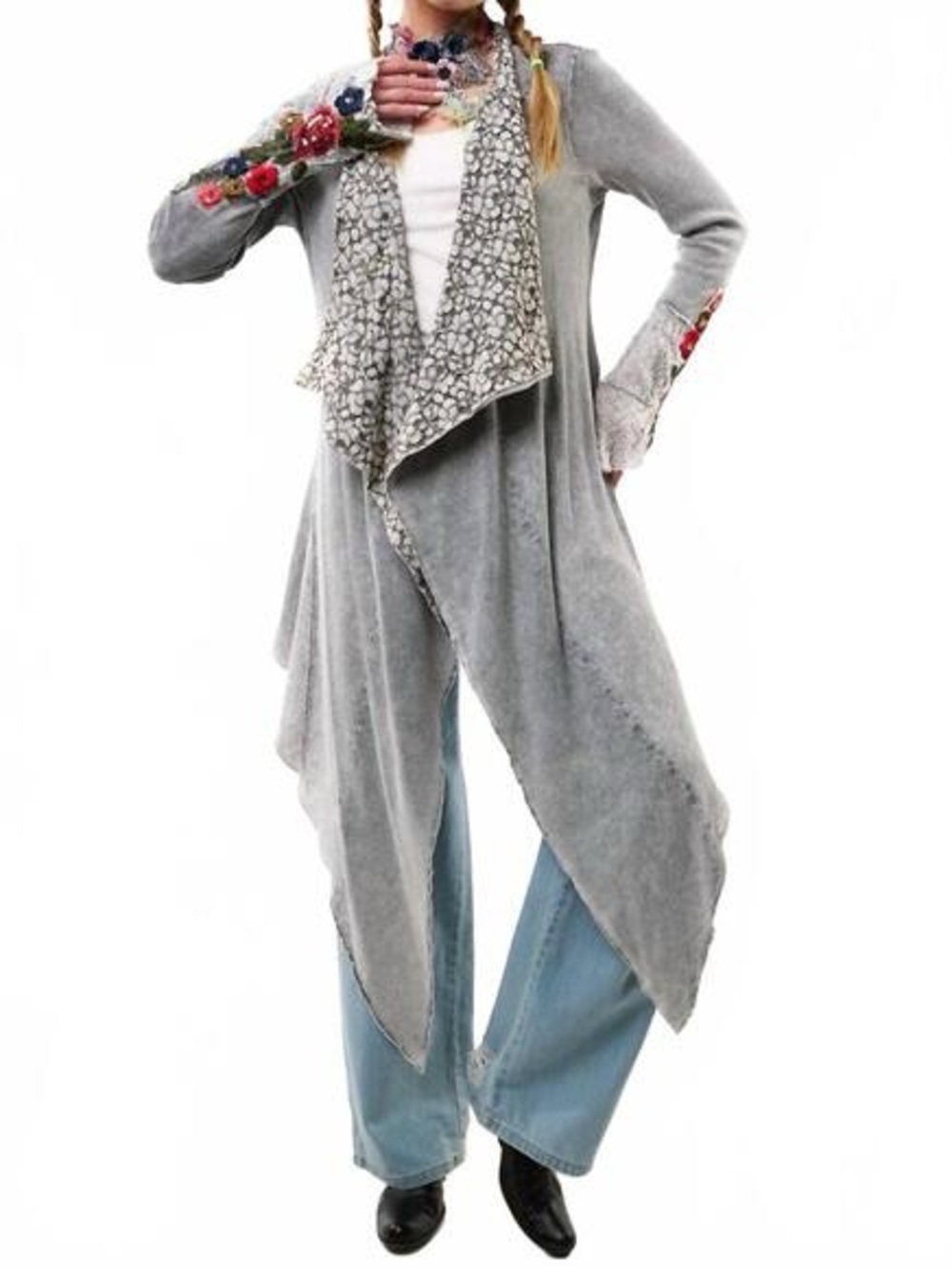 Aratta Grey Draped Cardigan with Floral Trim